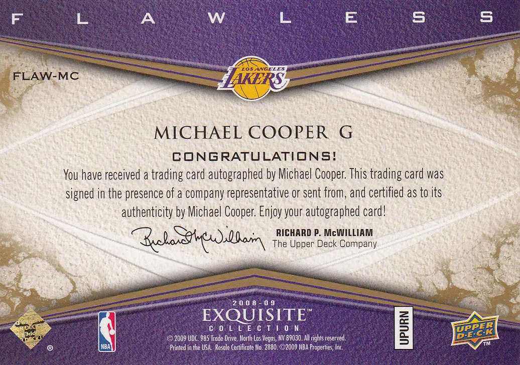 Back view of Michael Cooper 2008 Exquisite #FLAW-MC showing stats for Los Angeles Lakers
