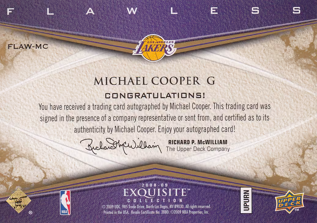 Back scan of 2008 Exquisite Michael Cooper showing stats for Los Angeles Lakers - Michael Cooper Collector Private Collection
