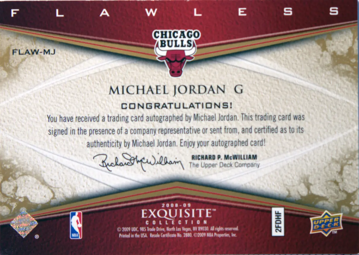 Back view of Michael Jordan 2008 Exquisite #FLAW-MJ showing stats for Chicago Bulls