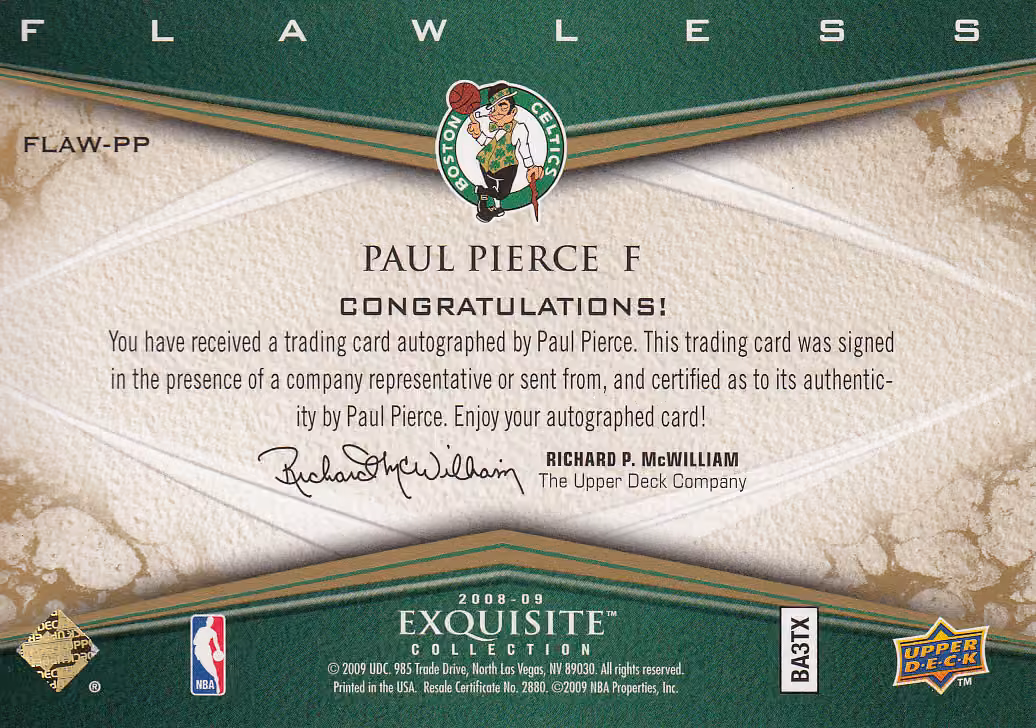 Back scan of 2008 Exquisite Paul Pierce showing stats for Boston Celtics - Paul Pierce Collector Private Collection