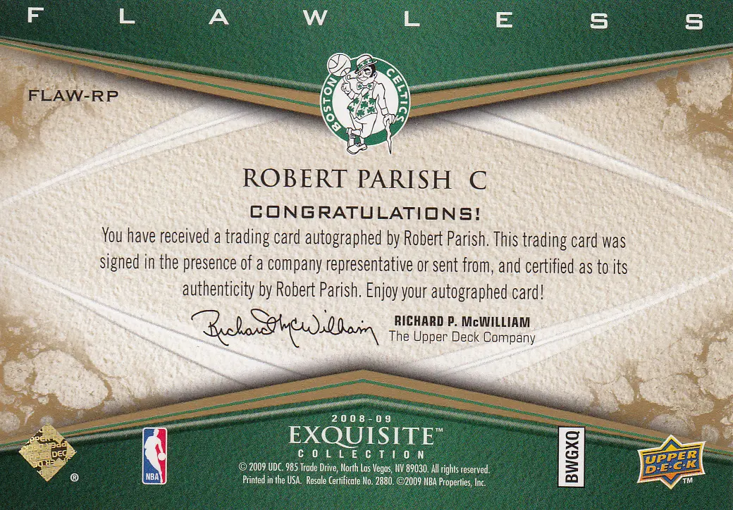 Back view of Robert Parish 2008 Exquisite #FLAW-RP showing stats for Boston Celtics