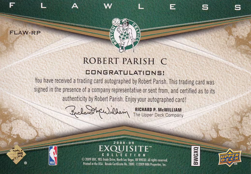 Back scan of 2008 Exquisite Robert Parish showing stats for Boston Celtics - Robert Parish Collector Private Collection