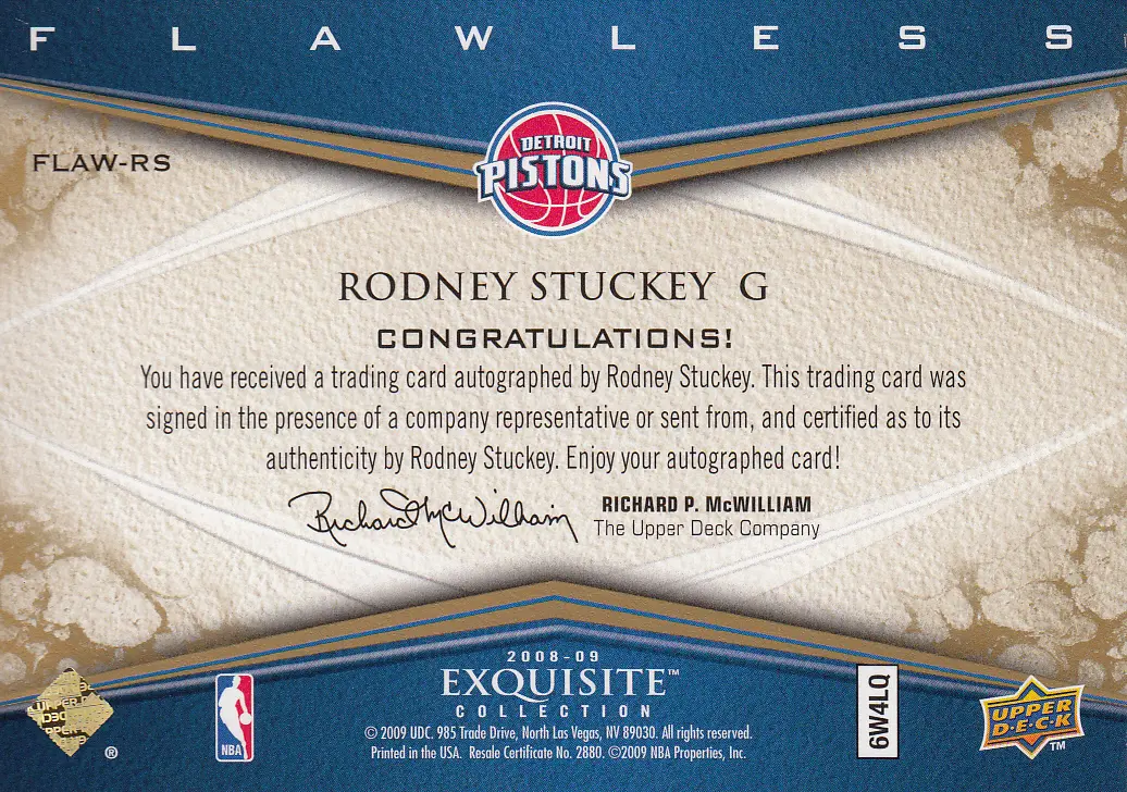 Back view of Rodney Stuckey 2008 Exquisite #FLAW-RS showing stats for Detroit Pistons