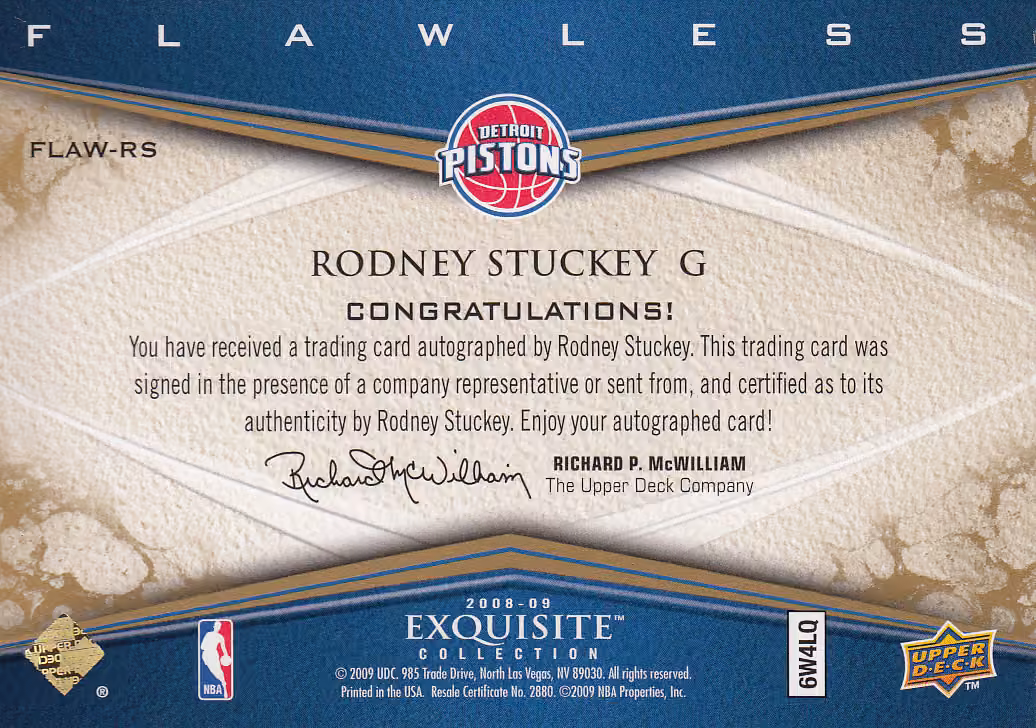 Back scan of 2008 Exquisite Rodney Stuckey showing stats for Detroit Pistons - Rodney Stuckey Collector Private Collection