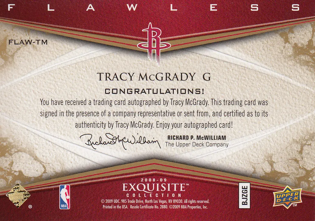 Back view of Tracy McGrady 2008 Exquisite #FLAW-TM showing stats for Houston Rockets
