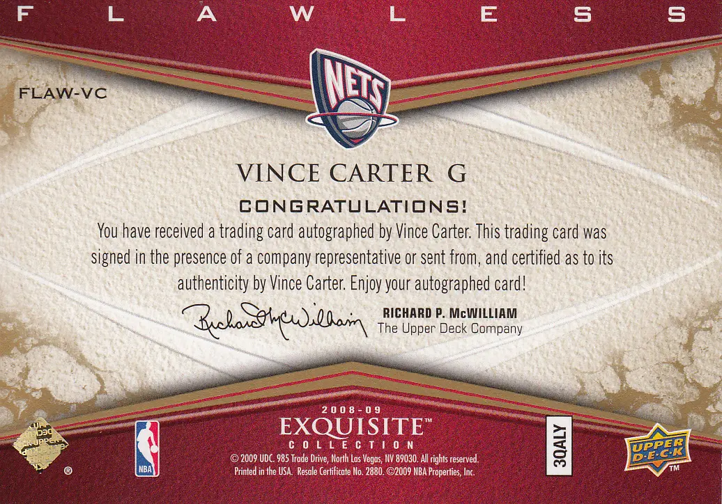 Back view of Vince Carter 2008 Exquisite #FLAW-VC showing stats for New Jersey Nets