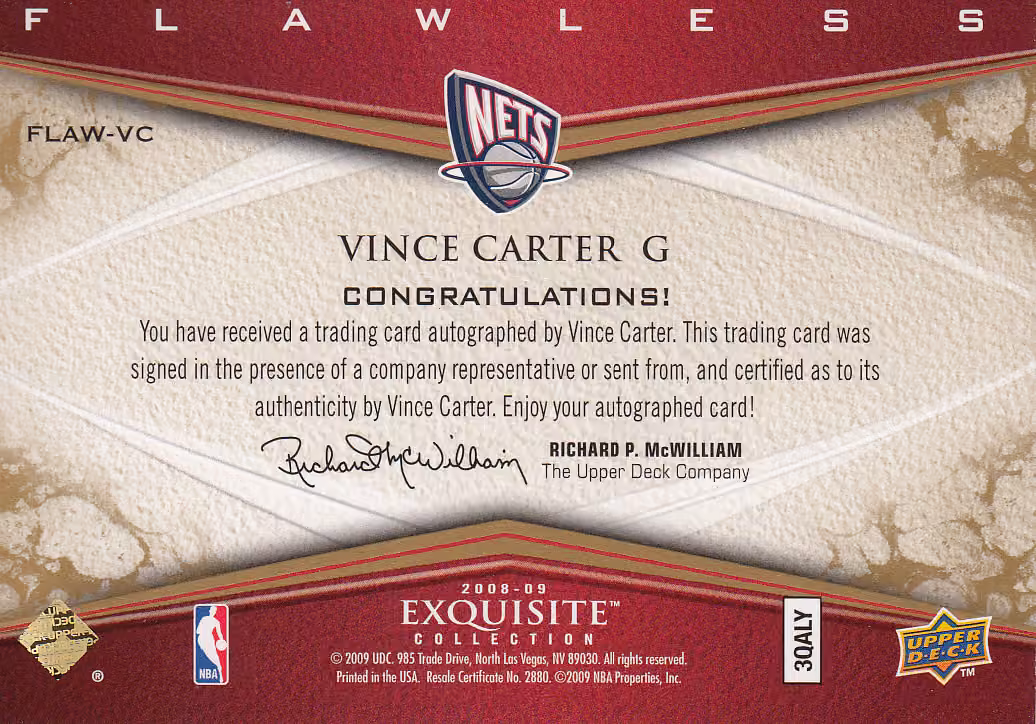 Back scan of 2008 Exquisite Vince Carter showing stats for New Jersey Nets - Vince Carter Collector Private Collection