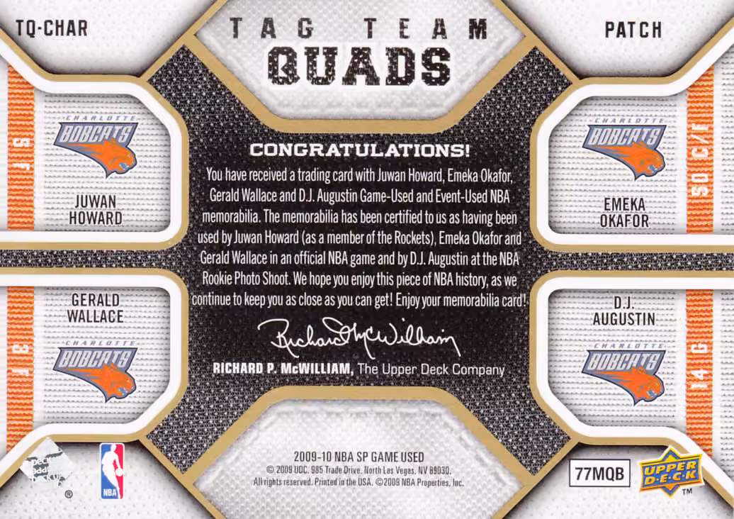 Back scan of 2009-10 SP Game Used Edition Juwan Howard showing stats for Charlotte Bobcats - Juwan Howard Collector Private Collection