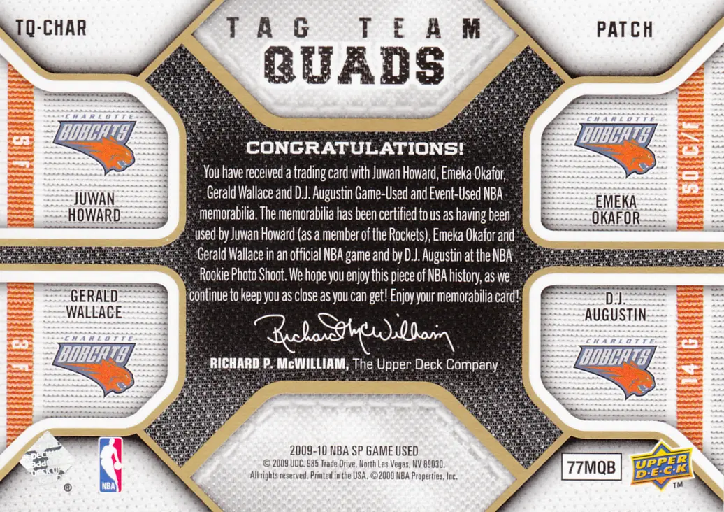 Back view of Juwan Howard 2009-10 SP Game Used Edition #TQ-CHAR showing stats for Charlotte Bobcats