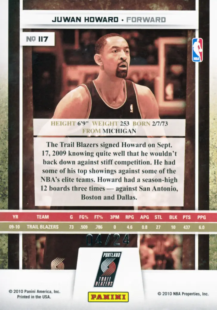 Back view of Juwan Howard 2009-10 Panini Season Update #117 showing stats for Portland Trail Blazers