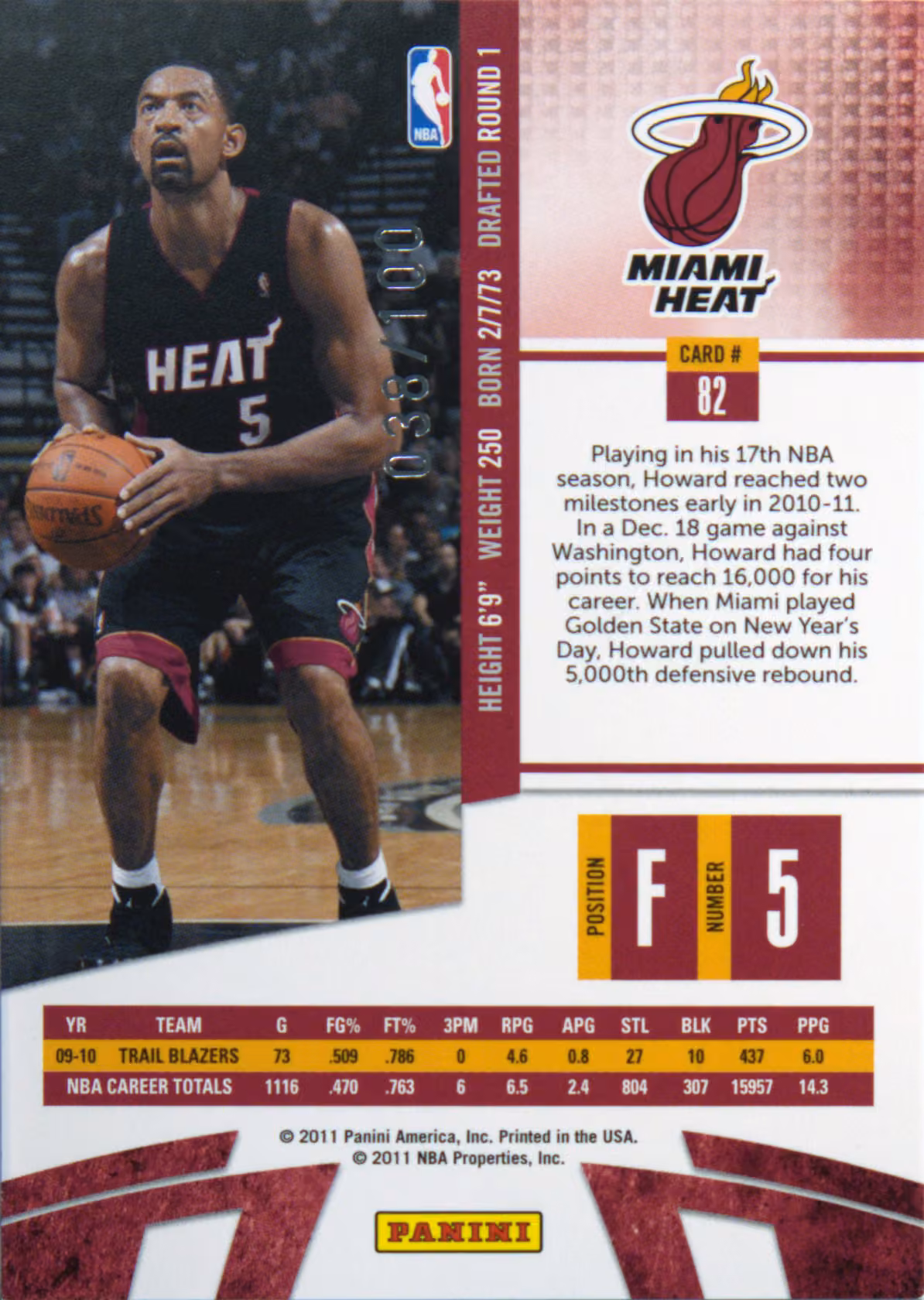 Back scan of 2010-11 Panini Absolute Memorabilia Juwan Howard showing stats for Miami Heat - Juwan Howard Collector Private Collection