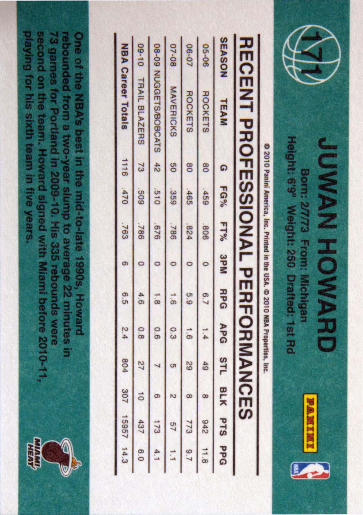 Back scan of 2010-11 Panini Donruss Juwan Howard showing stats for Miami Heat - Juwan Howard Collector Private Collection