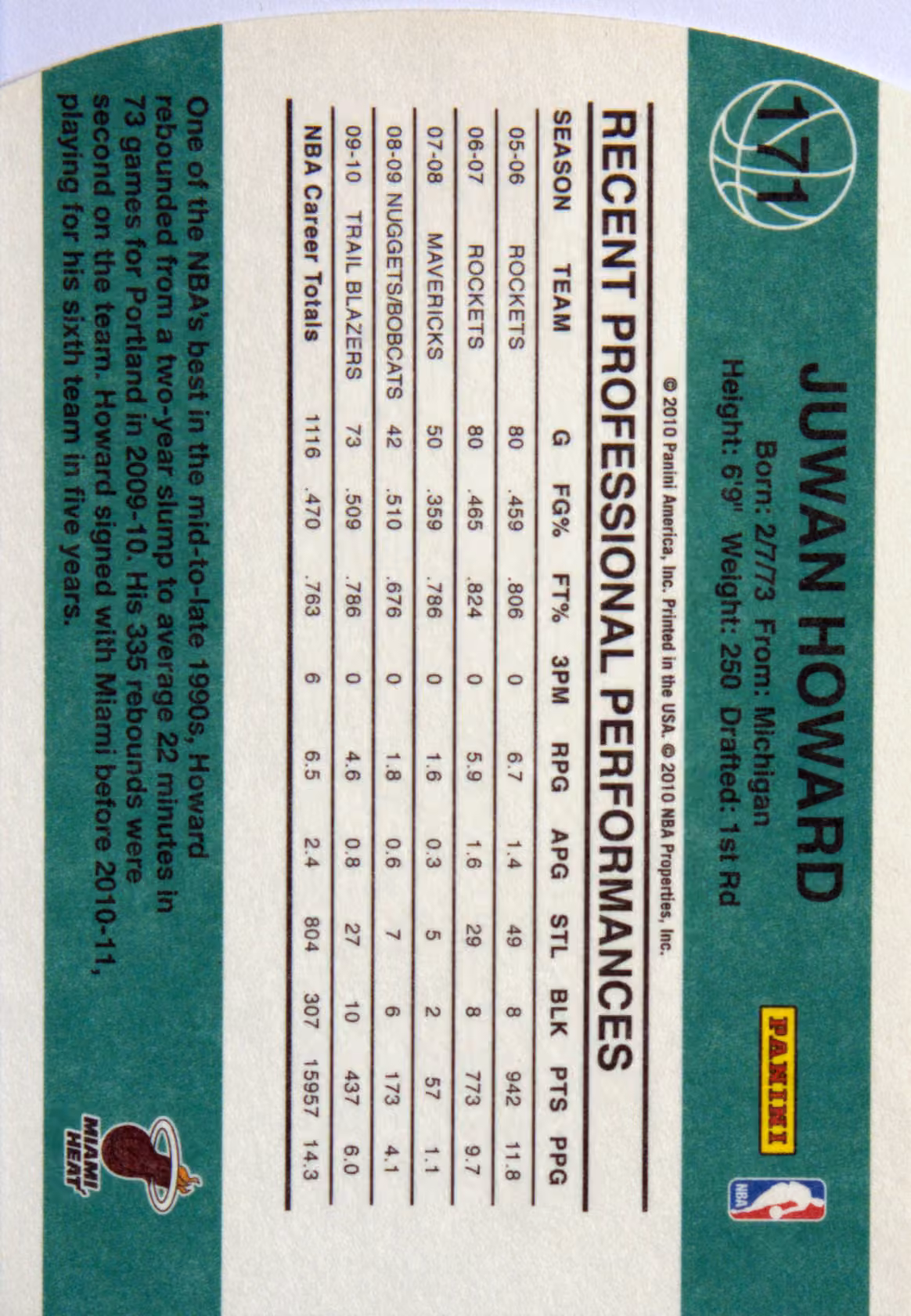 Back scan of 2010-11 Panini Donruss Juwan Howard showing stats for Miami Heat - Juwan Howard Collector Private Collection