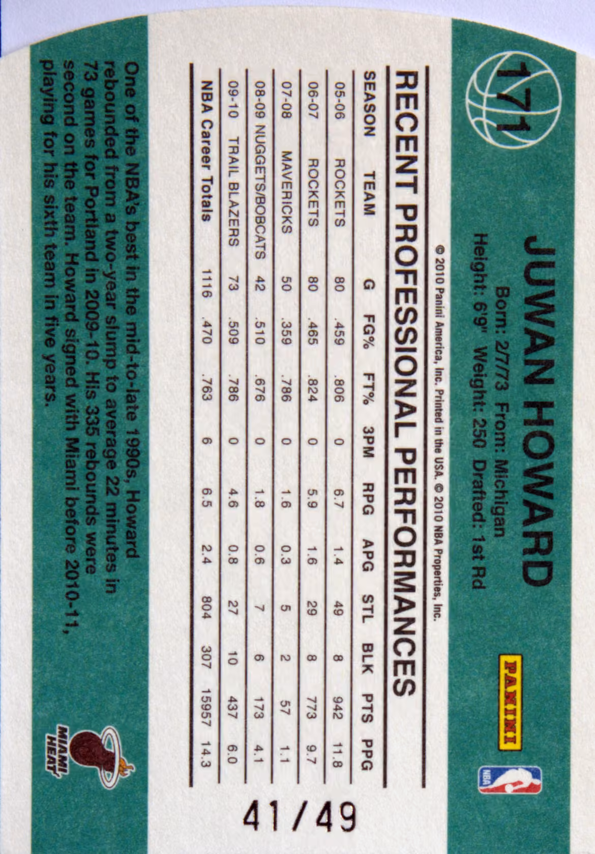 Back scan of 2010-11 Panini Donruss Juwan Howard showing stats for Miami Heat - Juwan Howard Collector Private Collection