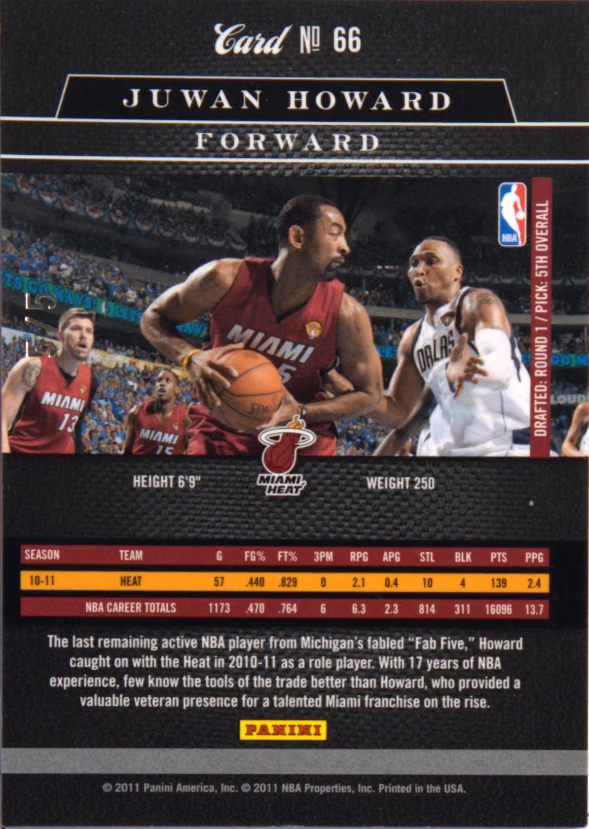 Back scan of 2010-11 Panini Elite Black Box Juwan Howard showing stats for Miami Heat - Juwan Howard Collector Private Collection