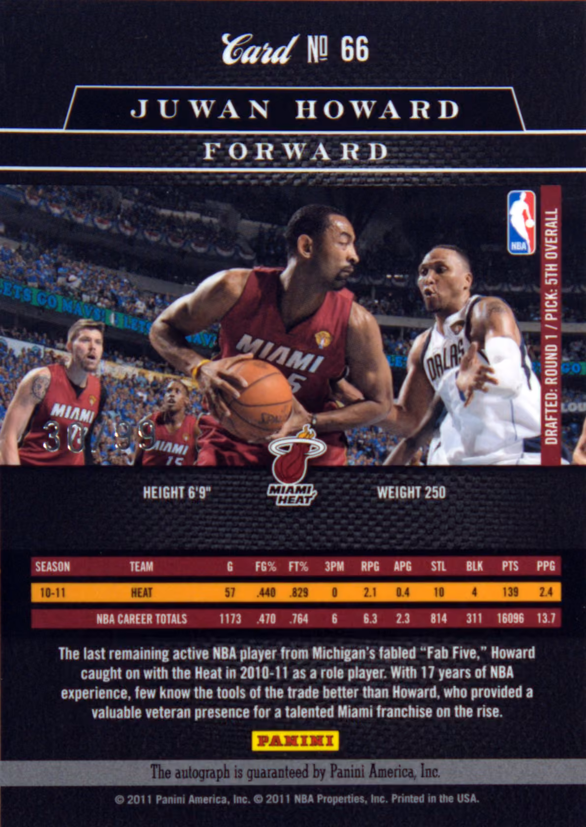 Back scan of 2010-11 Panini Elite Black Box Juwan Howard showing stats for Miami Heat - Juwan Howard Collector Private Collection