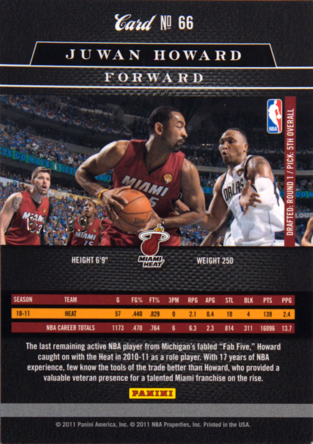 Back scan of 2010-11 Panini Elite Black Box Juwan Howard showing stats for Miami Heat - Juwan Howard Collector Private Collection