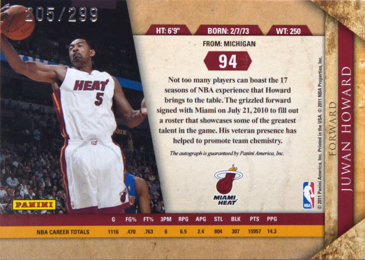 Back scan of 2010-11 Panini Gold Standard Juwan Howard showing stats for Miami Heat - Juwan Howard Collector Private Collection
