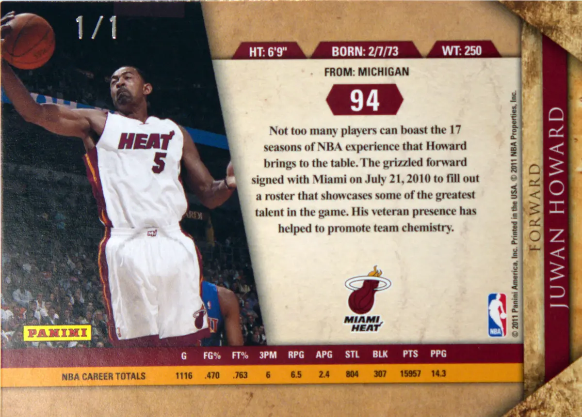 Back view of Juwan Howard 2010-11 Panini Gold Standard #94 showing stats for Miami Heat