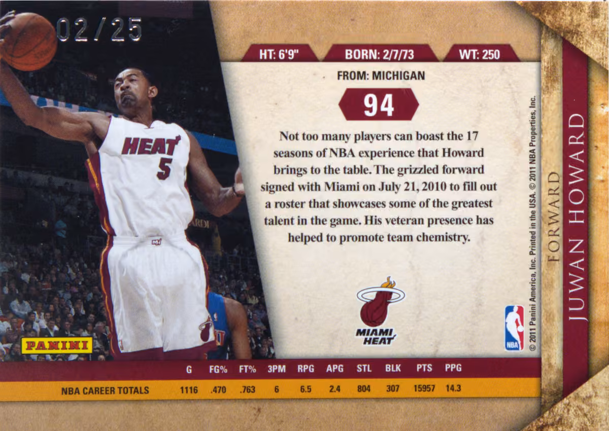 Back scan of 2010-11 Panini Gold Standard Juwan Howard showing stats for Miami Heat - Juwan Howard Collector Private Collection