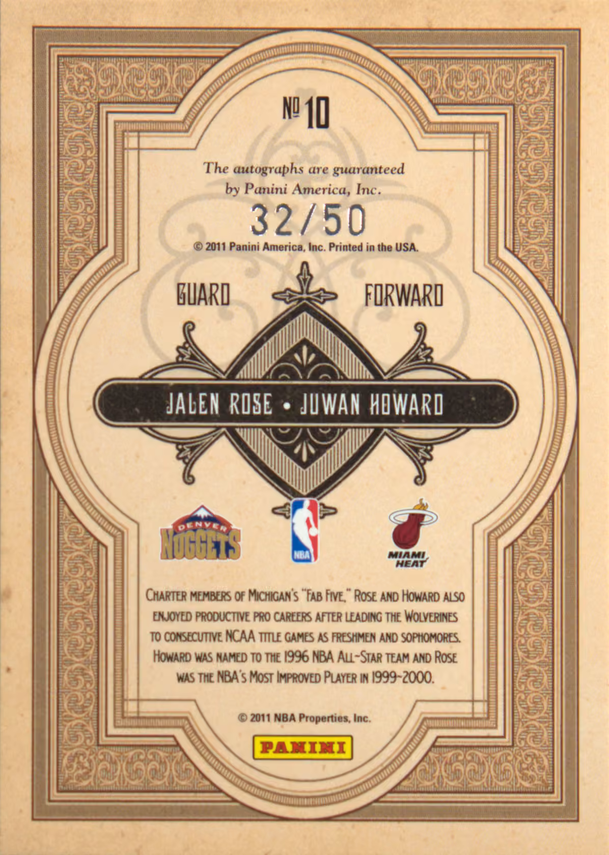 Back scan of 2010-11 Panini Gold Standard Juwan Howard showing stats for Miami Heat - Juwan Howard Collector Private Collection