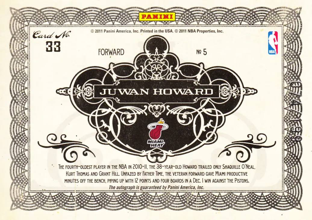 Back view of Juwan Howard 2010-11 Panini Gold Standard #33 showing stats for Miami Heat