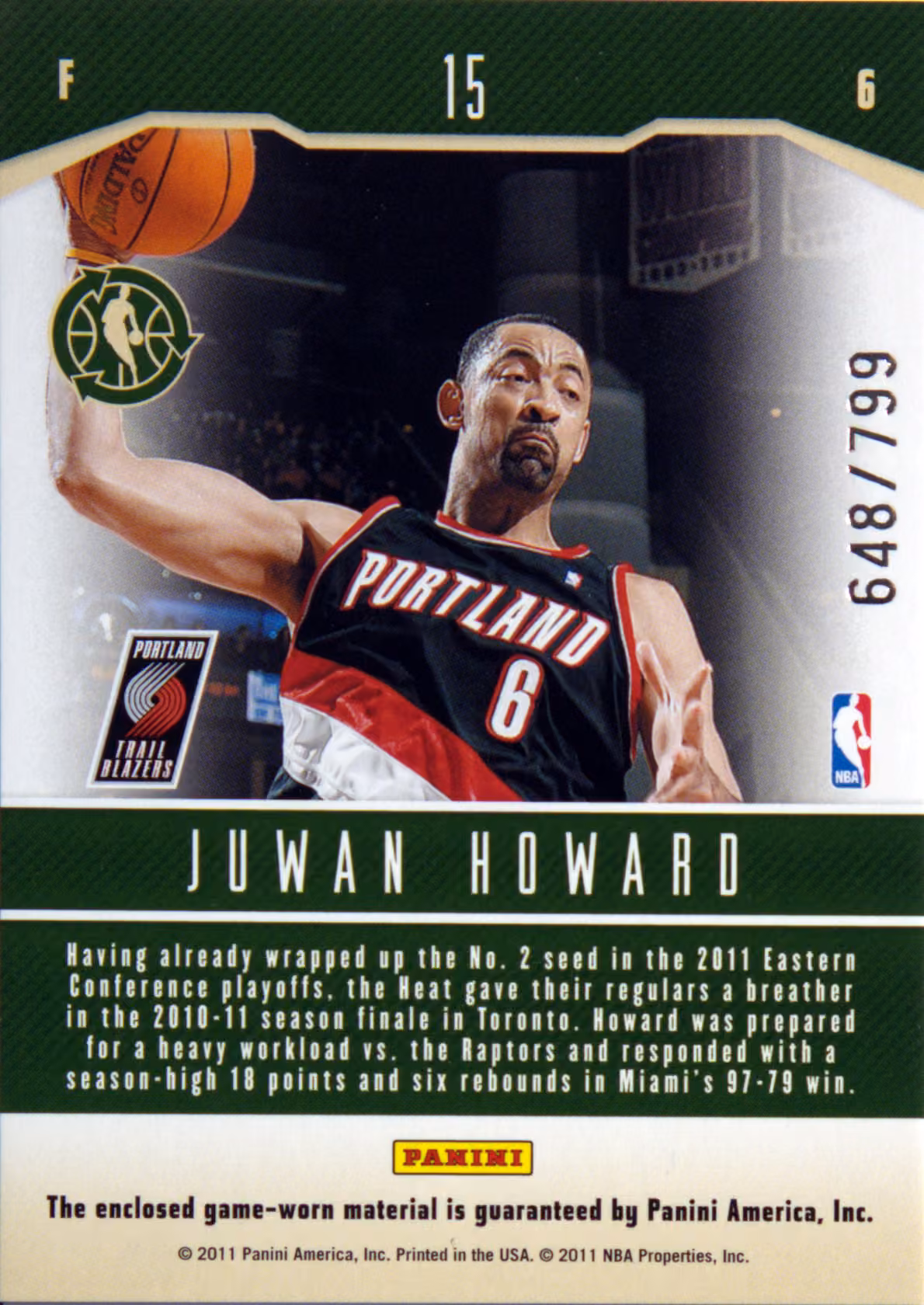 Back scan of 2010-11 Panini Season Update Juwan Howard showing stats for Portland Trail Blazers - Juwan Howard Collector Private Collection