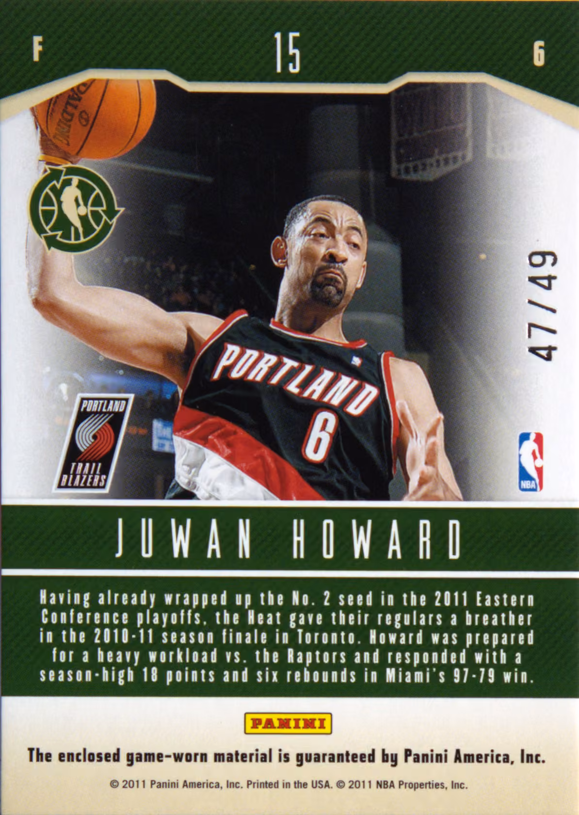 Back scan of 2010-11 Panini Season Update Juwan Howard showing stats for Portland Trail Blazers - Juwan Howard Collector Private Collection