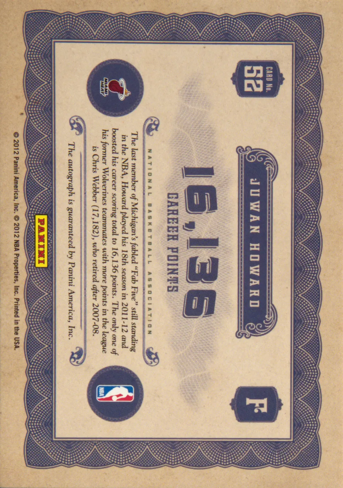 Back view of Juwan Howard 2011-12 Panini Gold Standard #52 showing stats for Miami Heat