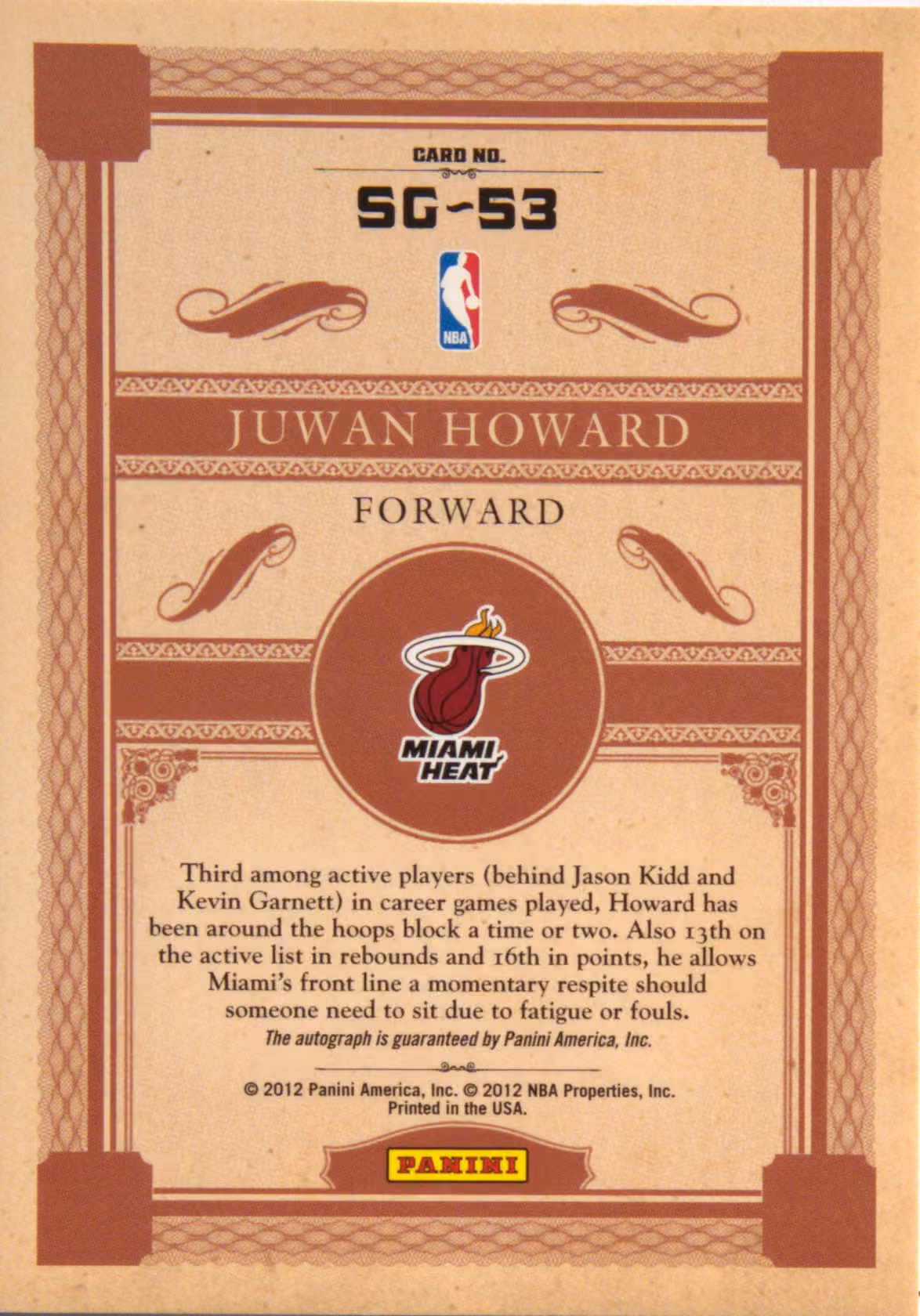 Back scan of 2011-12 Panini Gold Standard Juwan Howard showing stats for Miami Heat - Juwan Howard Collector Private Collection