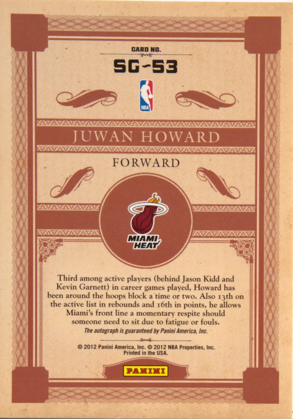 Back view of Juwan Howard 2011-12 Panini Gold Standard #SG-53 showing stats for Miami Heat