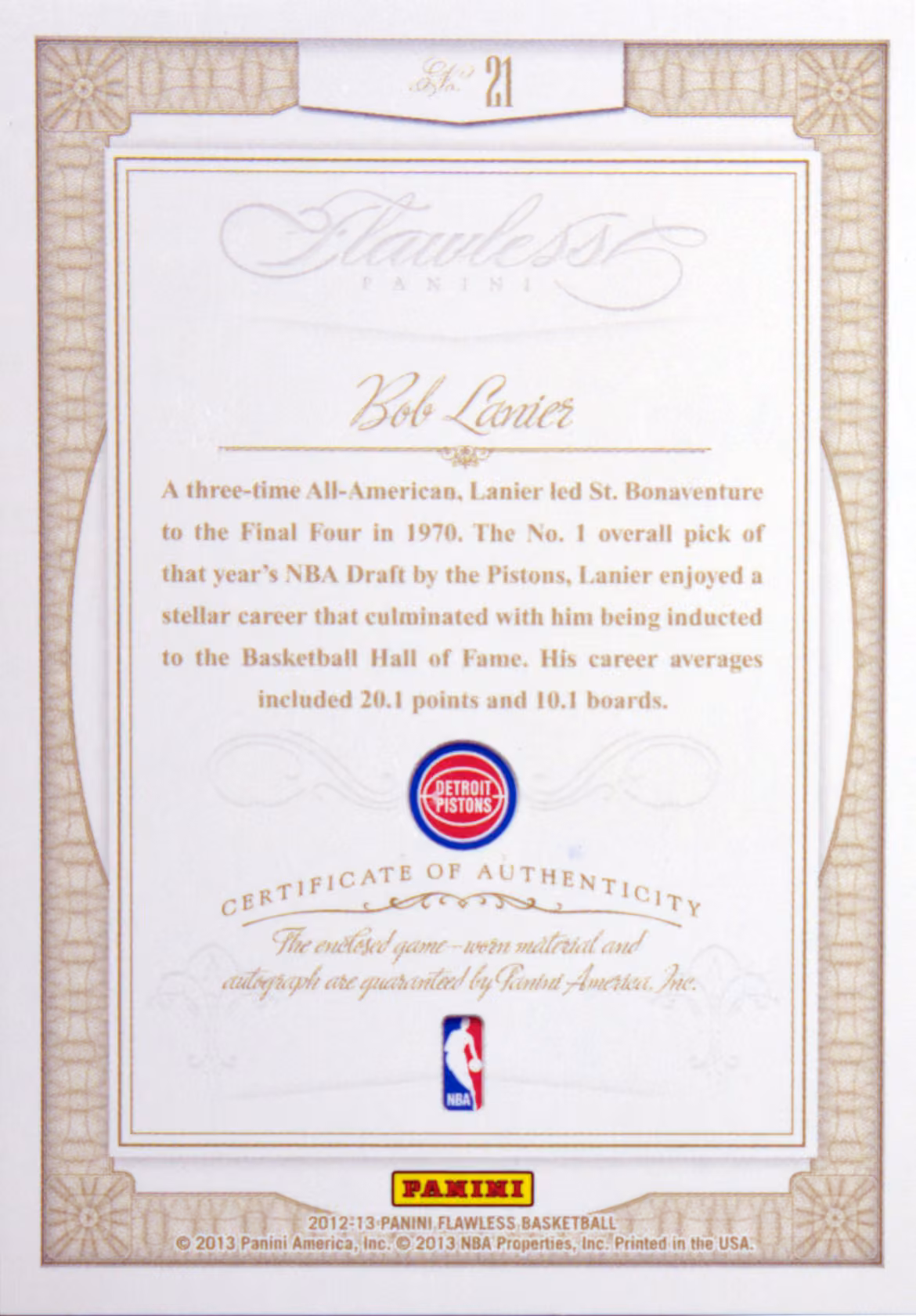 Back scan of 2012-13 Flawless Bob Lanier showing stats for Detroit Pistons - Bob Lanier Collector Private Collection