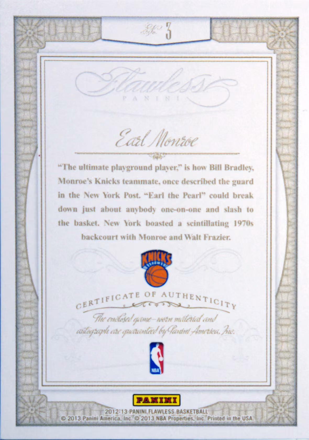 Back scan of 2012-13 Flawless Earl Monroe showing stats for New York Knicks - Earl Monroe Collector Private Collection