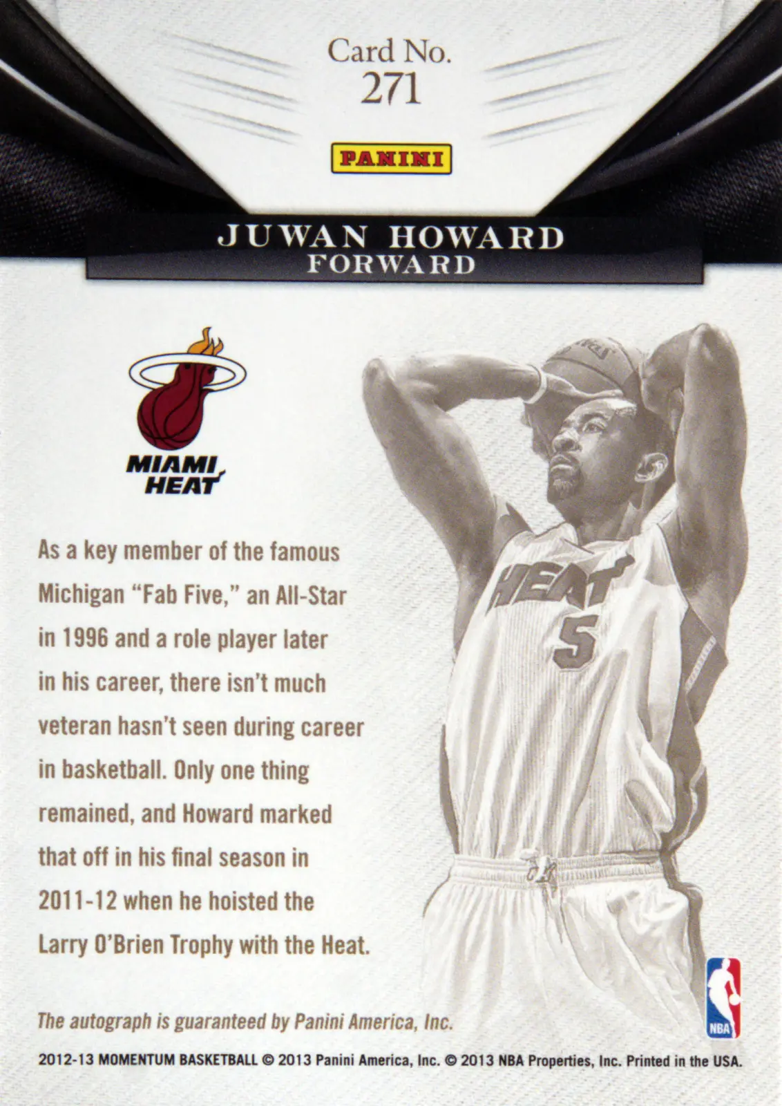 Back view of Juwan Howard 2012-13 Panini Momentum #271 showing stats for Miami Heat