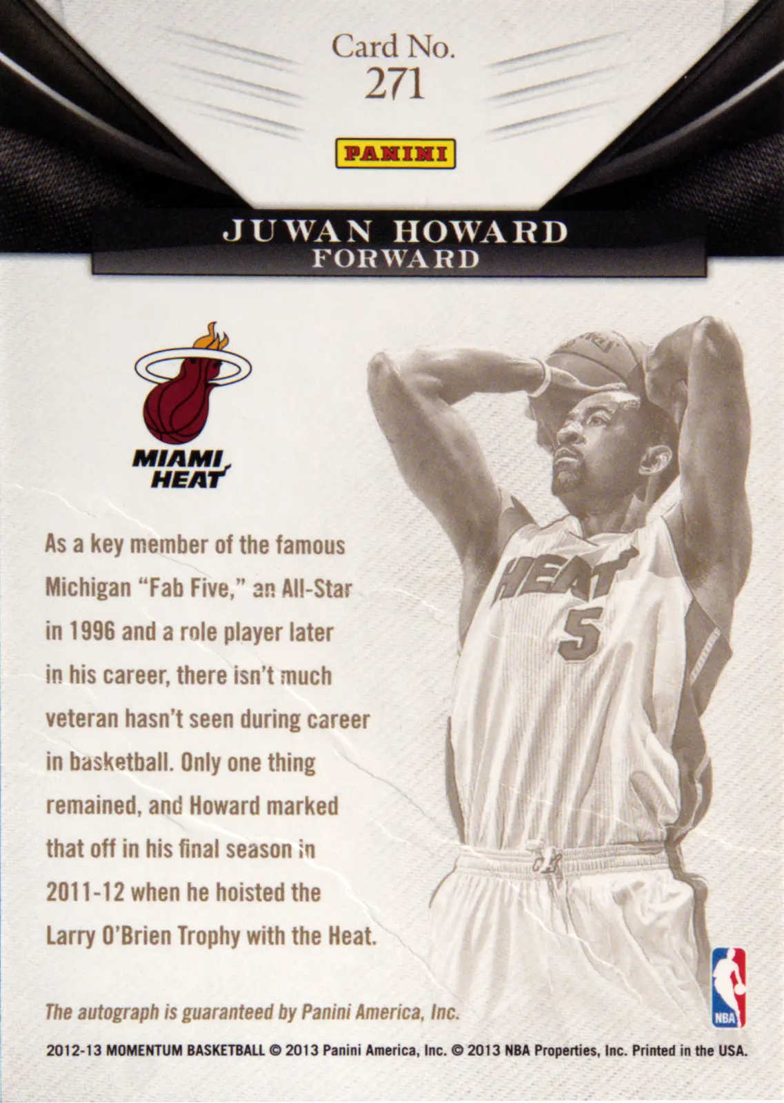 Back view of Juwan Howard 2012-13 Panini Momentum #271 showing stats for Miami Heat