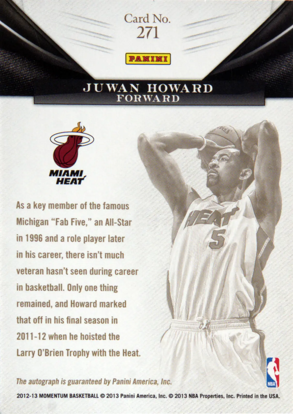 Back view of Juwan Howard 2012-13 Panini Momentum #271 showing stats for Miami Heat