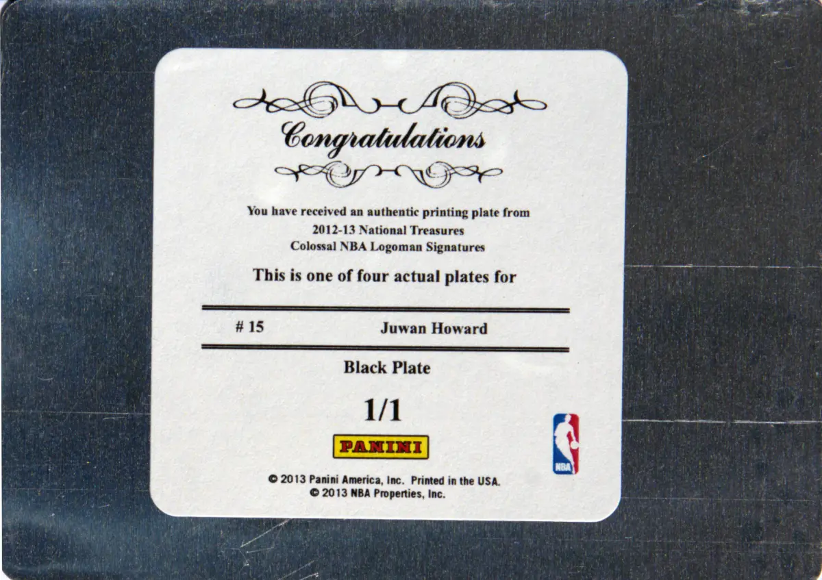 Back view of Juwan Howard 2012-13 Panini National Treasures #15 showing stats for Miami Heat