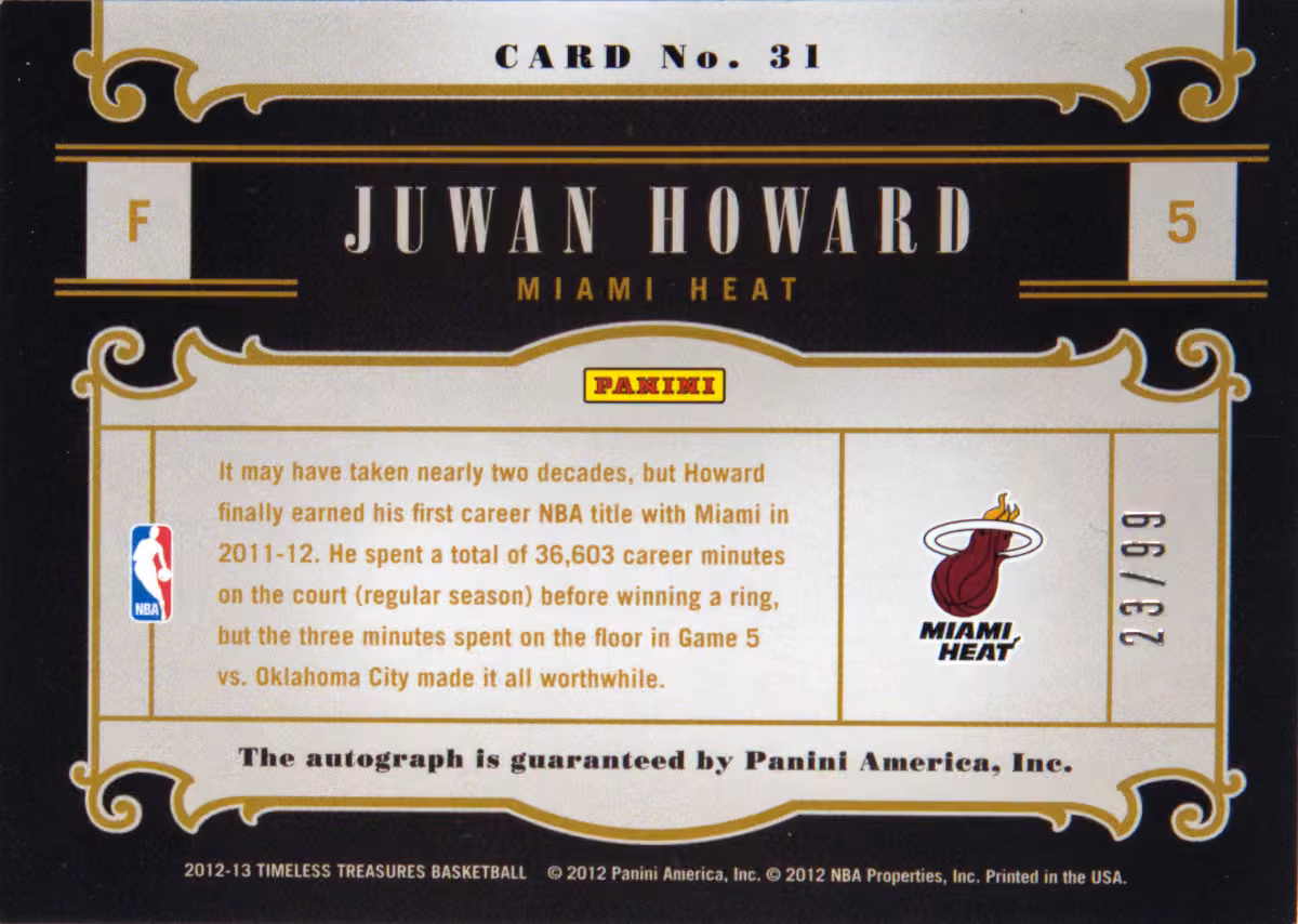 Back scan of 2012-13 Panini Timeless Treasures Juwan Howard showing stats for Miami Heat - Juwan Howard Collector Private Collection