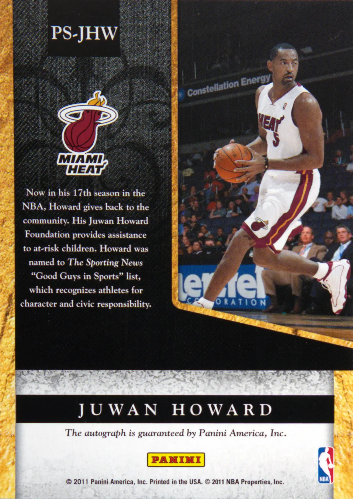 Back view of Juwan Howard 2012-13 Panini Totally Certified #PS-JHW showing stats for Miami Heat
