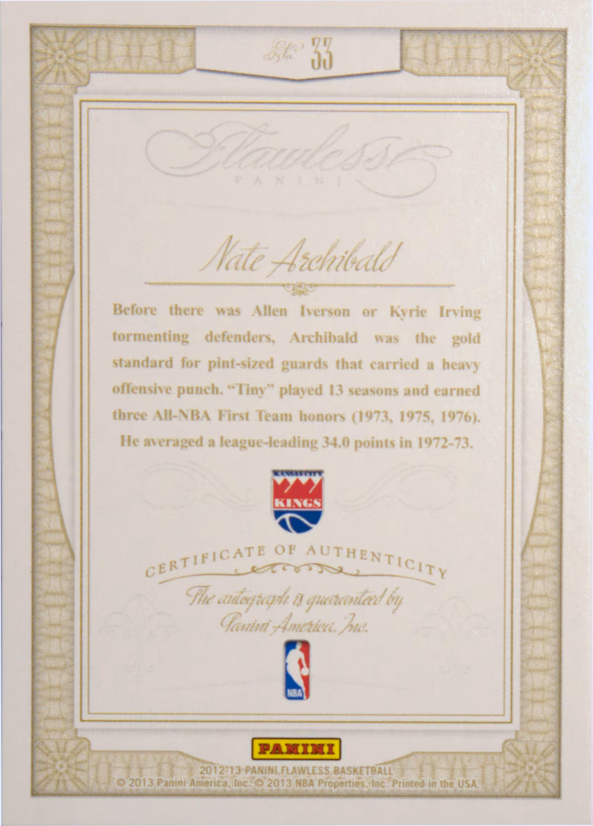 Back scan of 2012-13 Flawless Nate Archibald showing stats for Cincinnati Royals - Nate Archibald Collector Private Collection