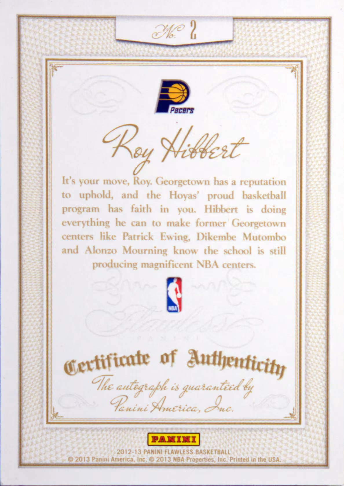 Back scan of 2012-13 Flawless Roy Hibbert showing stats for Indiana Pacers - Roy Hibbert Collector Private Collection