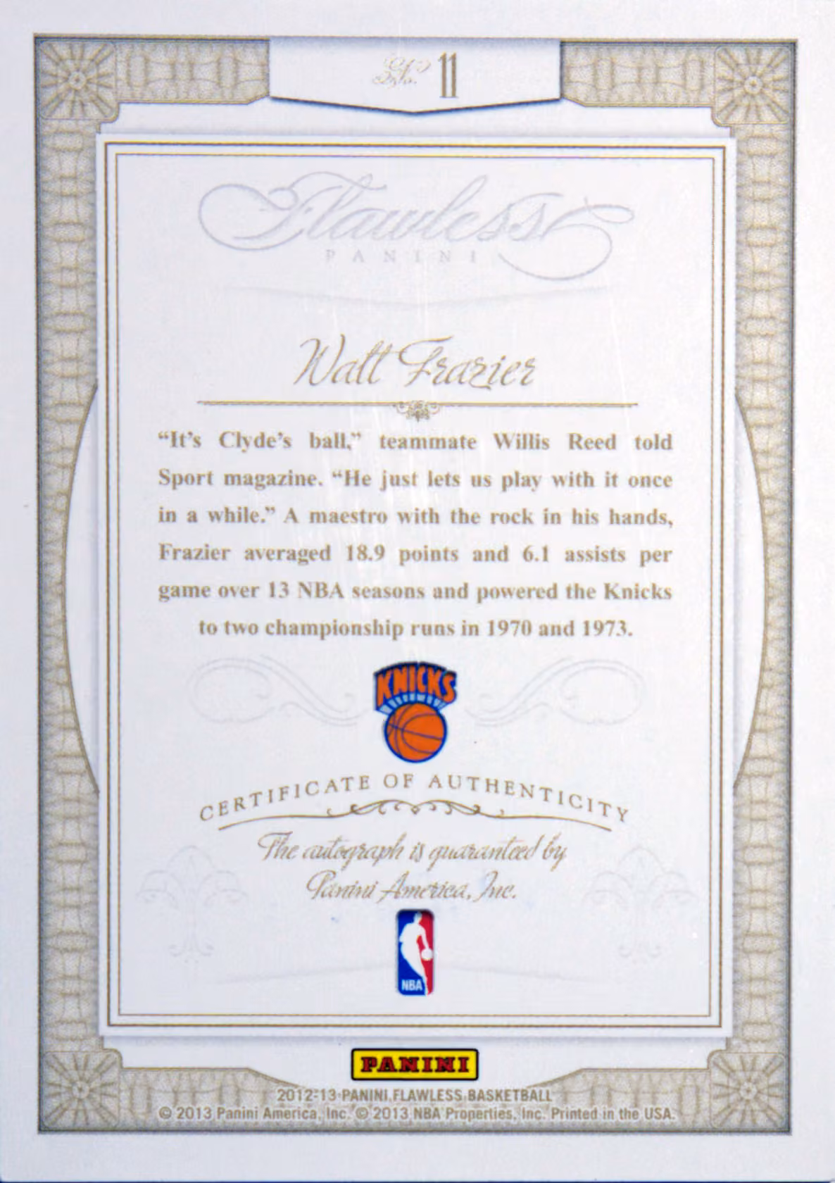 Back scan of 2012-13 Flawless Walt Frazier showing stats for New York Knicks - Walt Frazier Collector Private Collection