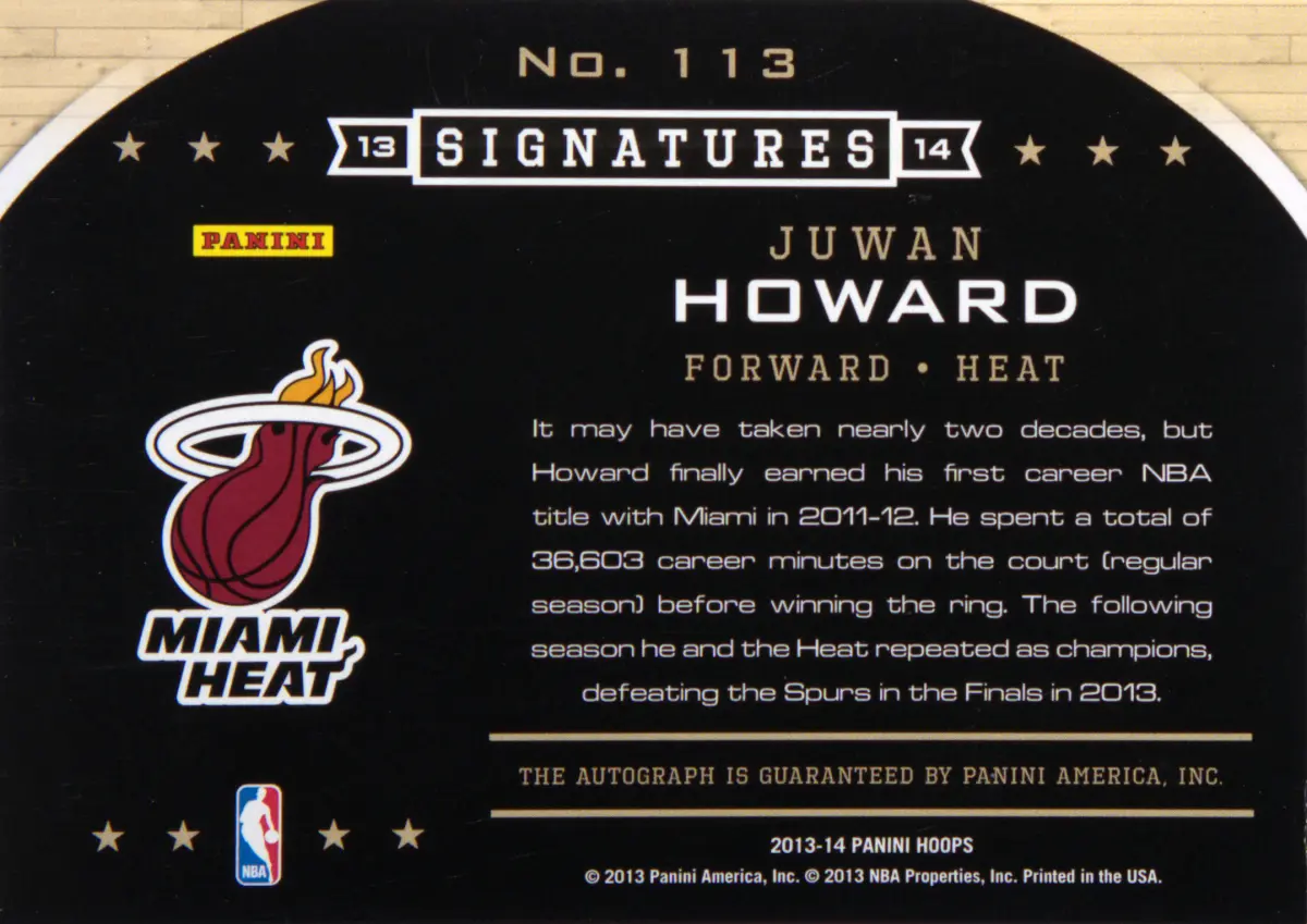 Back view of Juwan Howard 2013-14 Panini Hoops #113 showing stats for Miami Heat