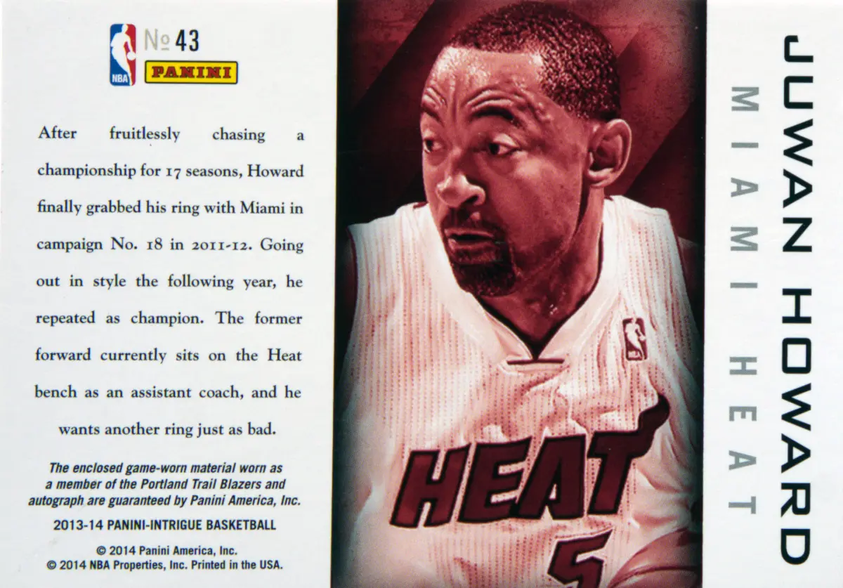 Back view of Juwan Howard 2013-14 Panini Intrigue #43 showing stats for Miami Heat
