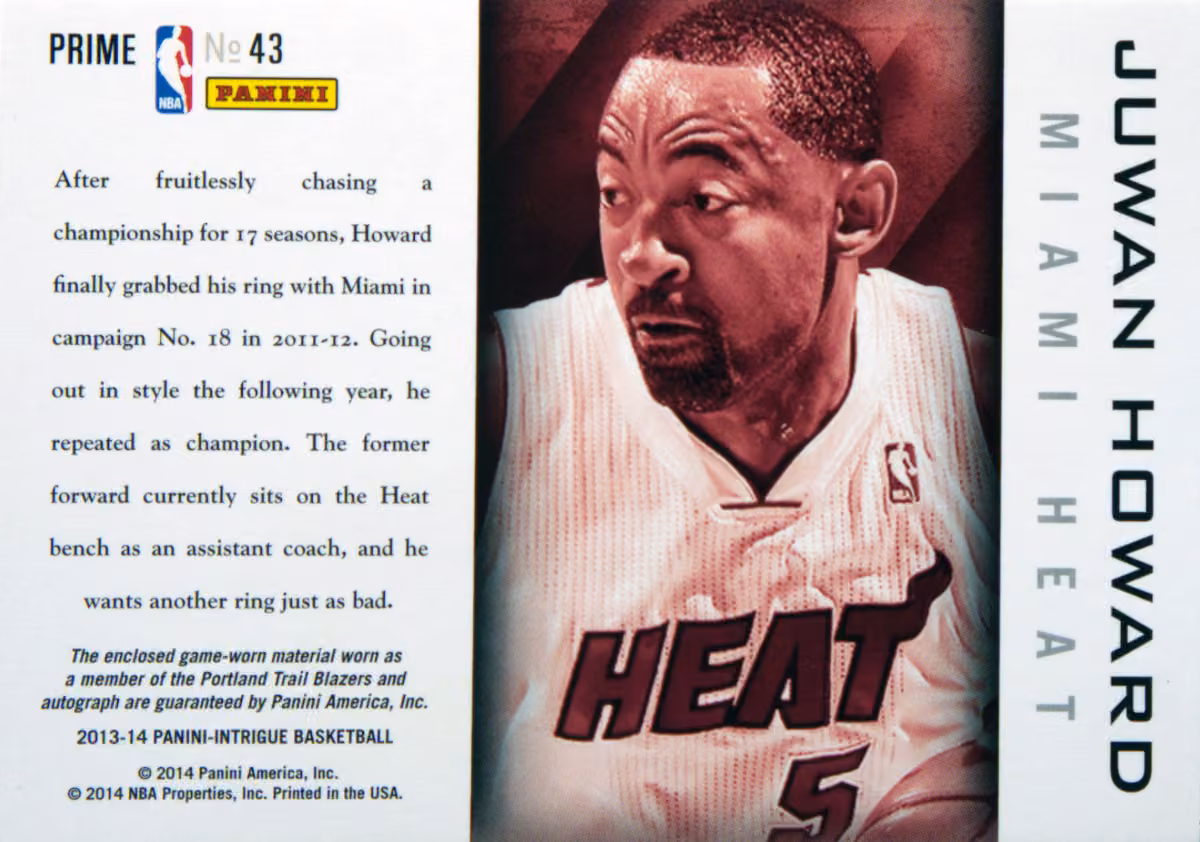 Back scan of 2013-14 Panini Intrigue Juwan Howard showing stats for Miami Heat - Juwan Howard Collector Private Collection