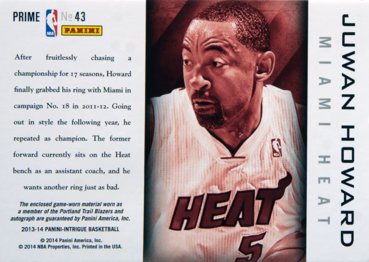 Back scan of 2013-14 Panini Intrigue Juwan Howard showing stats for Miami Heat - Juwan Howard Collector Private Collection