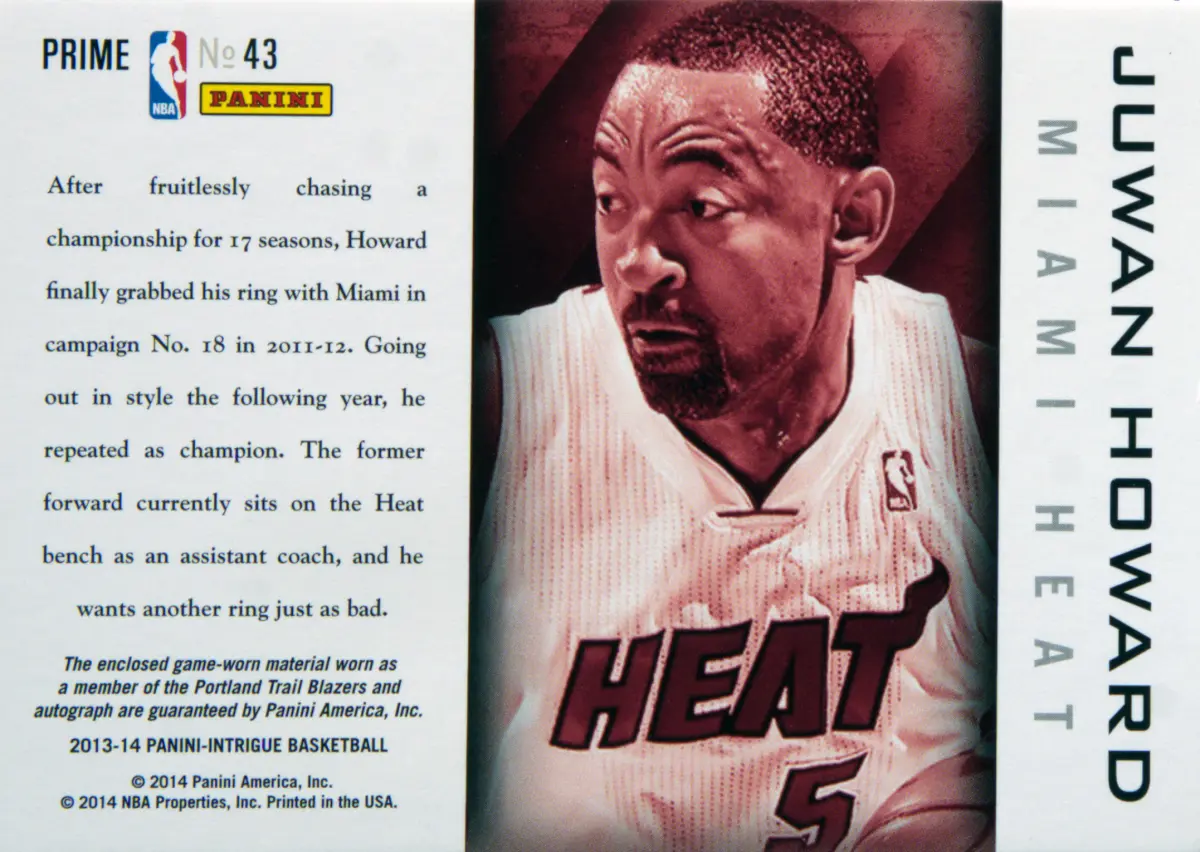 Back view of Juwan Howard 2013-14 Panini Intrigue #43 showing stats for Miami Heat