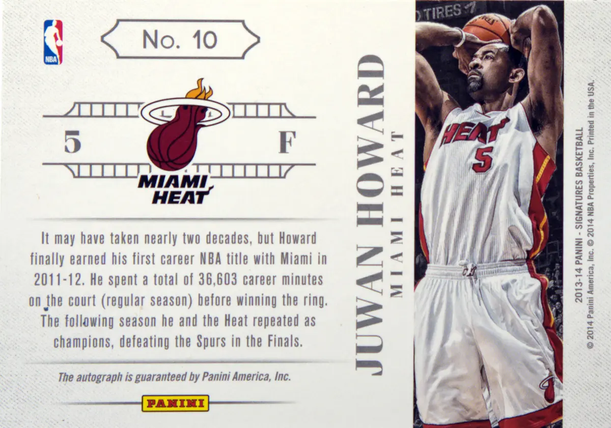 Back view of Juwan Howard 2013-14 Panini Signatures #10 showing stats for Miami Heat