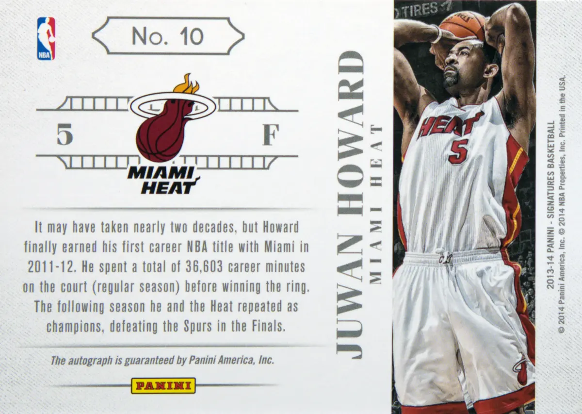 Back view of Juwan Howard 2013-14 Panini Signatures #10 showing stats for Miami Heat