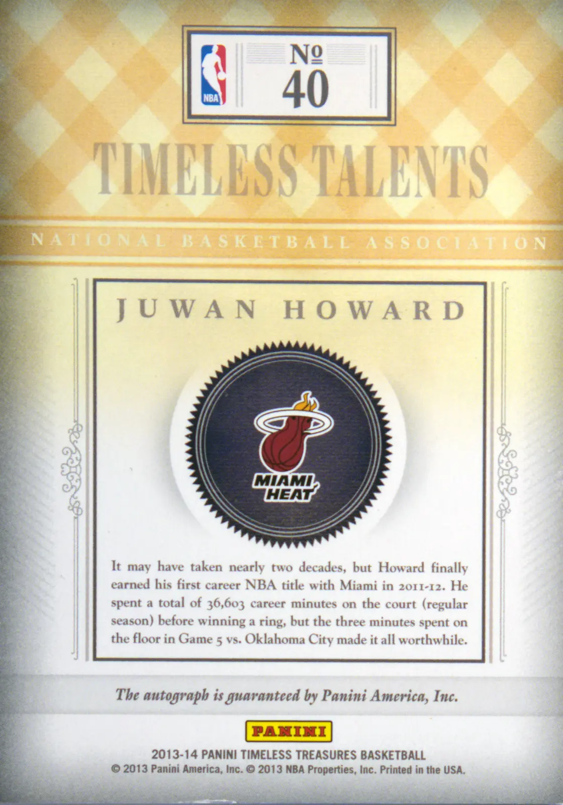 Back view of Juwan Howard 2013-14 Panini Timeless Treasures #40 showing stats for Miami Heat